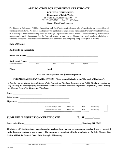 First page of the Application for Sump Pump Certificate