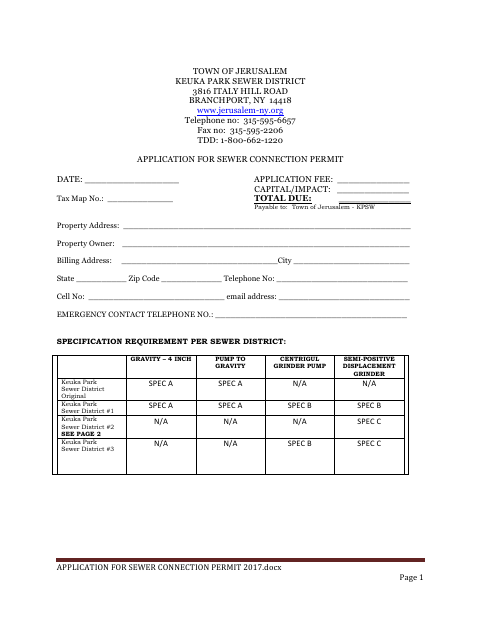 First page of the Application for Sewer Connection Permit