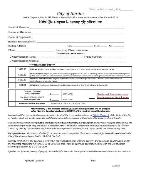 First page of the 2020 Business License Application