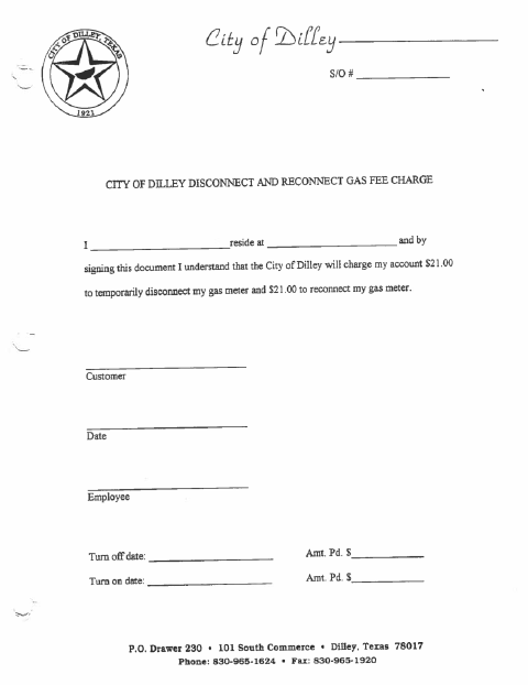 First page of the Disconnect and Reconnect Gas Fee Charge