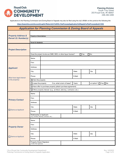 First page of the Planning Commission and Zoning Board of Appeals Application