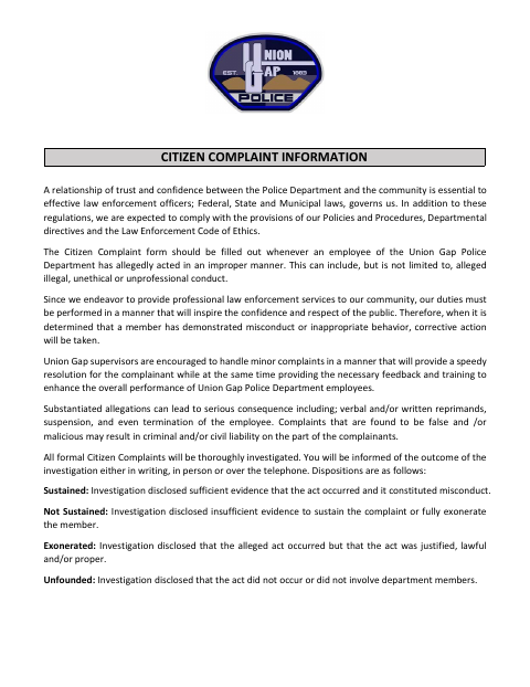 First page of the Citizen Complaint Form