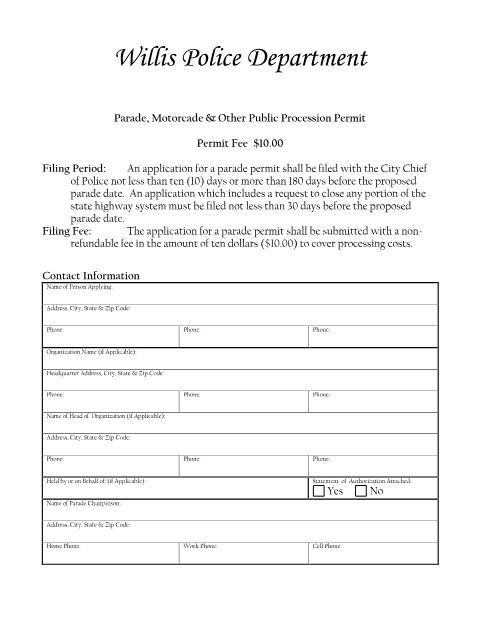 First page of the Parade, Motorcade & Other Public Procession Permit