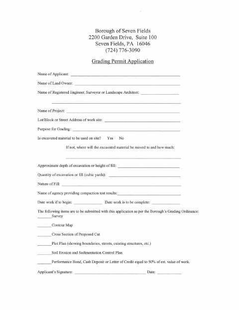 First page of the Grading Permit Application