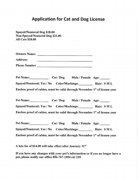 First page of the Cat and Dog License Application