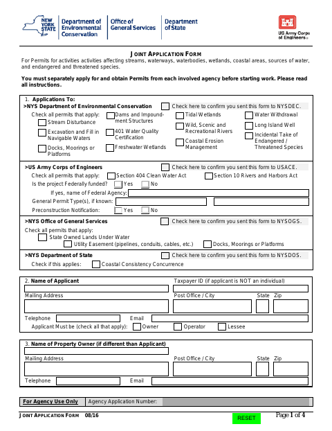 First page of the Joint Application for Work in Wetlands