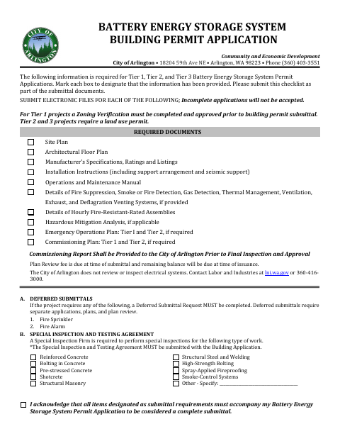 First page of the Battery Energy Storage System Building Permit Application