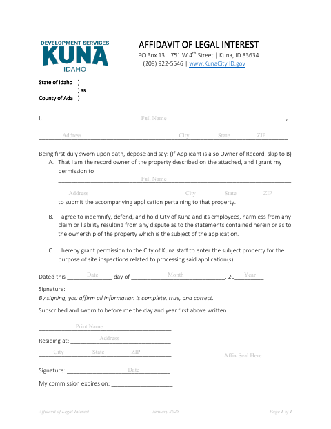 First page of the Affidavit of Legal Interest
