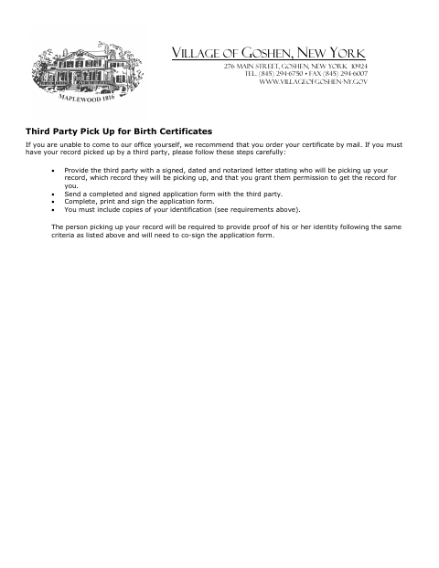 First page of the Third Party Pick Up for Birth Certificates