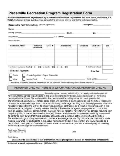 First page of the Recreation Program Registration Form