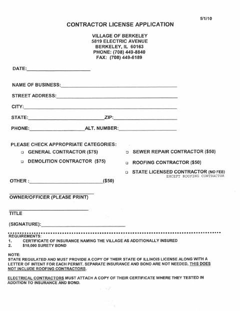 First page of the Contractor's License Application