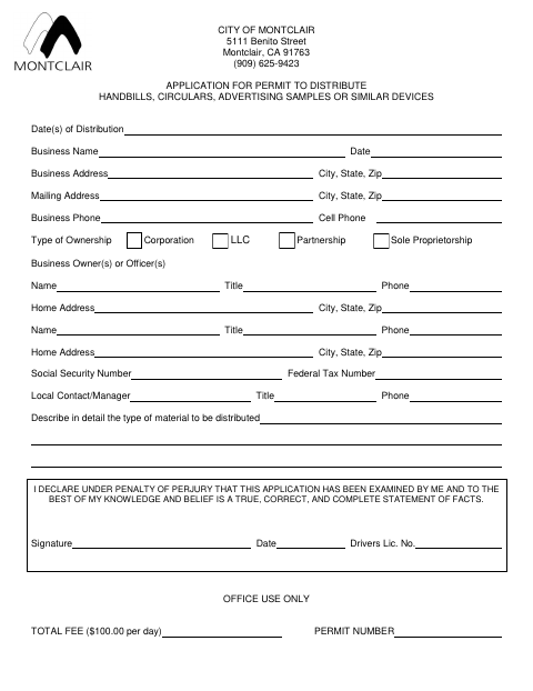 First page of the Application for Permit to Distribute Handbills, Circulars, Advertising Samples or Similar Devices