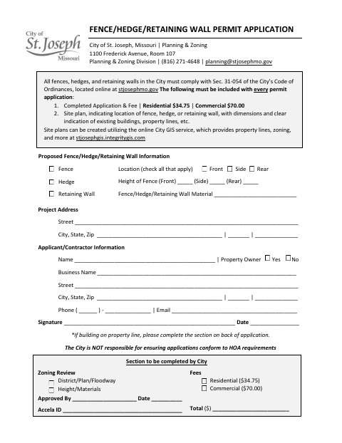 First page of the Fence, Hedge, and Retaining Wall Permit Application
