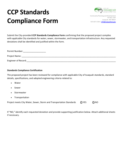 First page of the CCP Standards Compliance Form