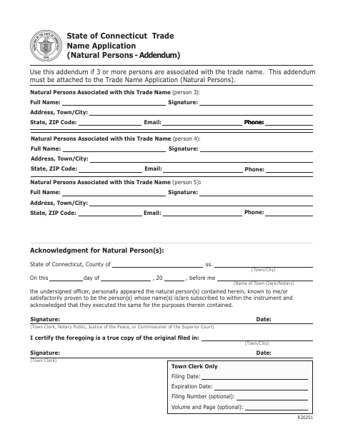 First page of the Trade Name Application Natural Persons Addendum