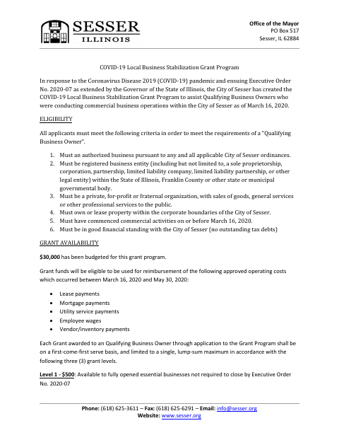 First page of the COVID-19 Local Business Stabilization Grant Program Application