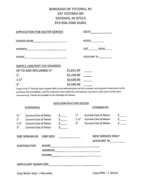 First page of the Water Service Application