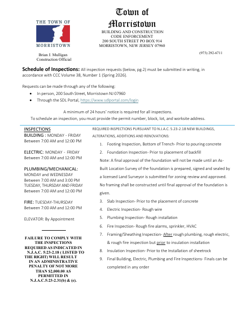 First page of the Inspection Request Form