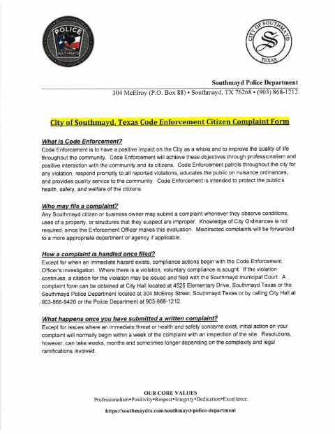 First page of the Code Enforcement Citizen Complaint Form