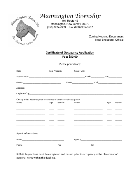 First page of the Certificate of Occupancy Application
