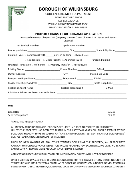First page of the Property Transfer or Refinance Application