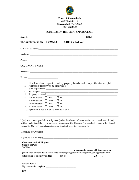 First page of the Subdivision Request Application
