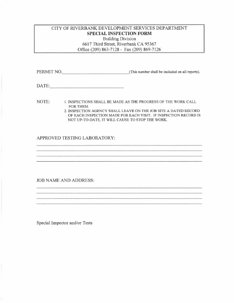 First page of the Special Inspection Form