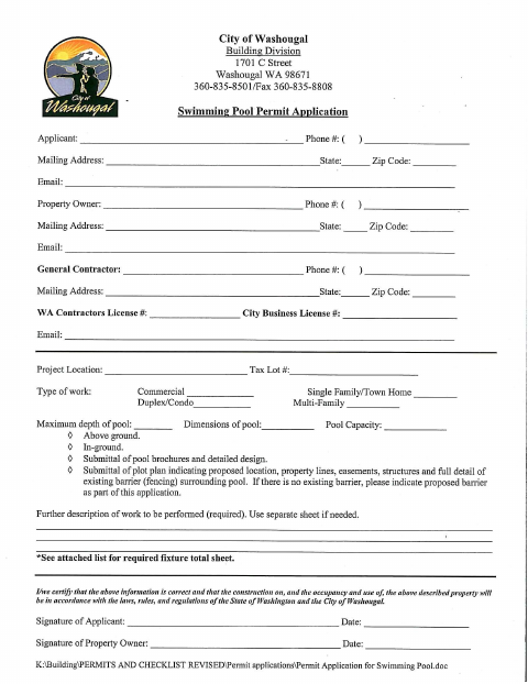 First page of the Swimming Pool Permit Application