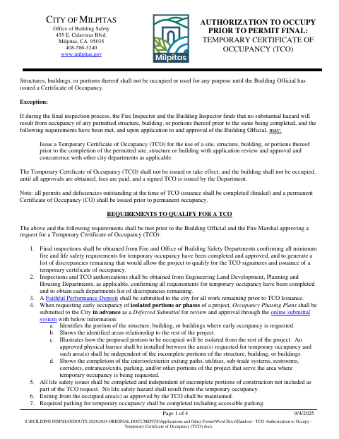First page of the Authorization to Occupy Prior to Permit Final: Temporary Certificate of Occupancy