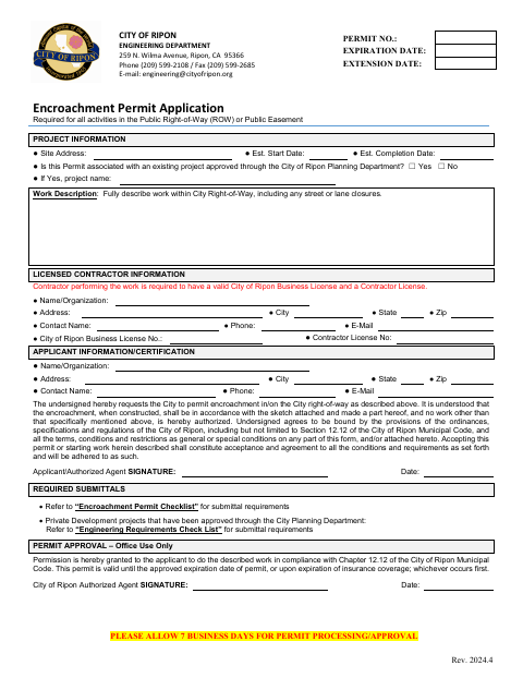 First page of the Encroachment Permit Application