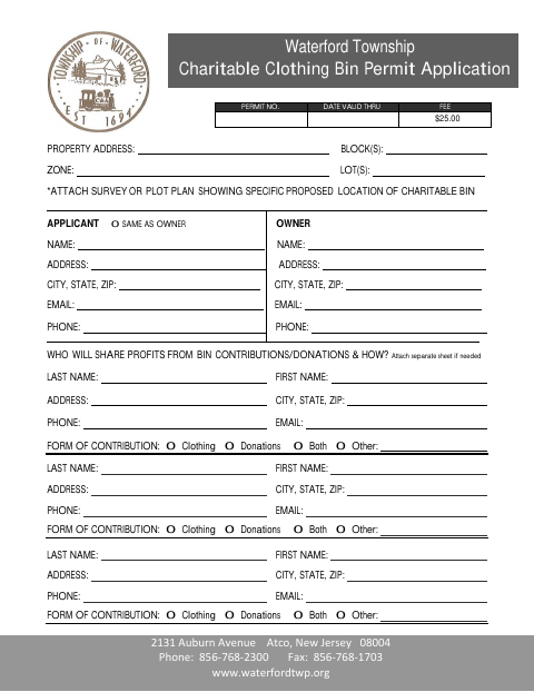 First page of the Charitable Clothing Bin Permit Application