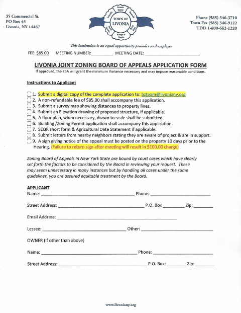 First page of the Zoning Board of Appeals Application