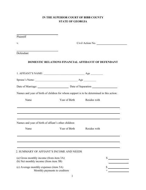 First page of the Domestic Relations Financial Affidavit of Defendant