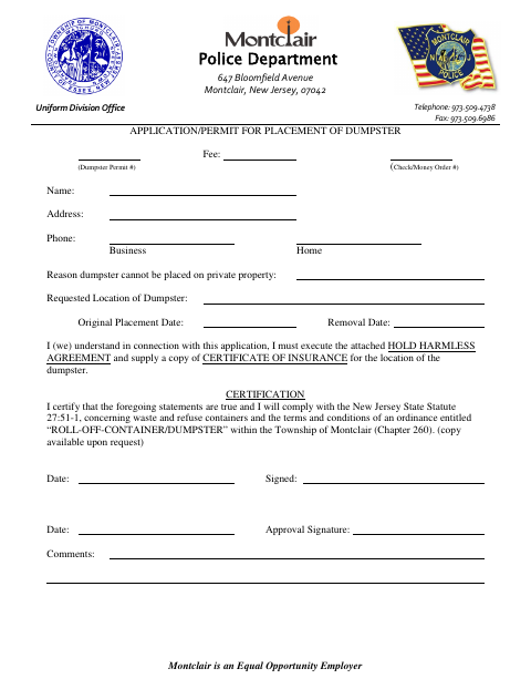 First page of the Application/Permit for Placement of Dumpster