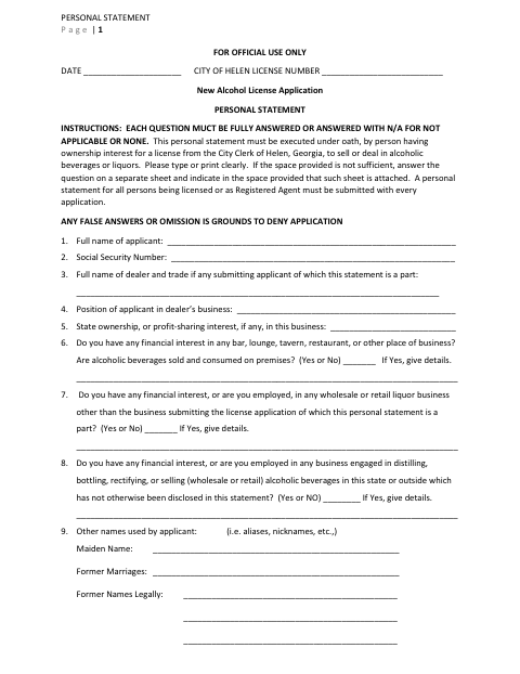 First page of the Alcohol License Personal Statement