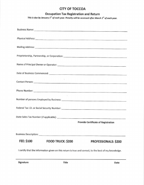 First page of the Occupation Tax Registration and Return