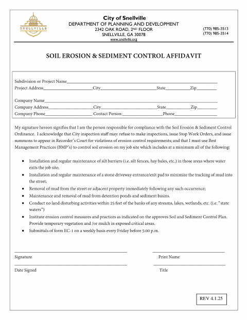 First page of the Soil Erosion & Sediment Control Affidavit