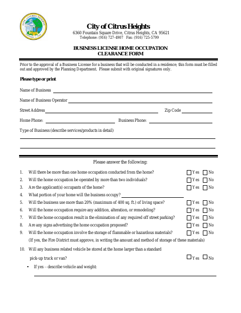First page of the Home Occupation Clearance Form