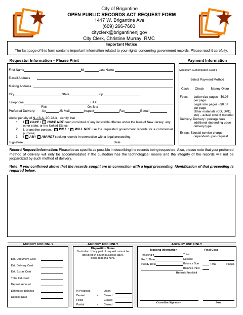 First page of the Open Public Records Act Request Form
