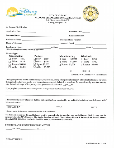 First page of the Alcohol License Renewal Application