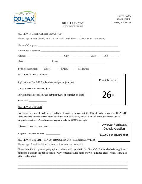 First page of the Right-of-Way Excavation Permit