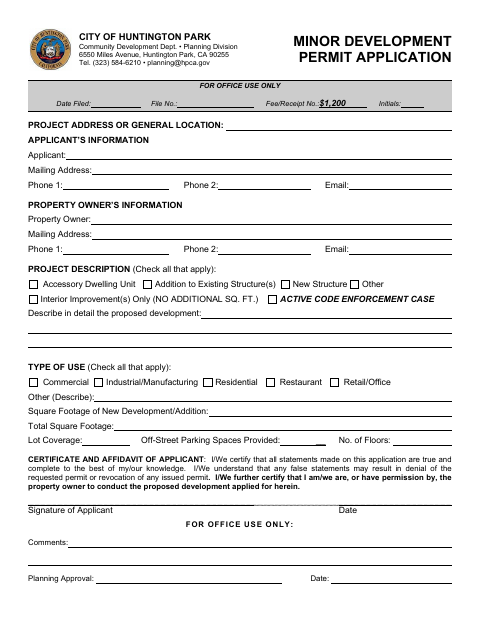 First page of the Minor Development Permit Application