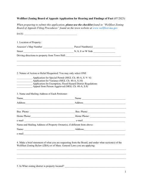 First page of the Zoning Board of Appeals Application for Hearing and Findings of Fact