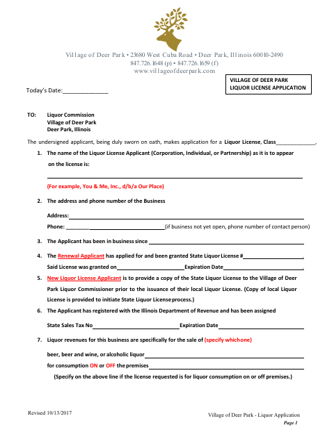 First page of the Liquor License Application
