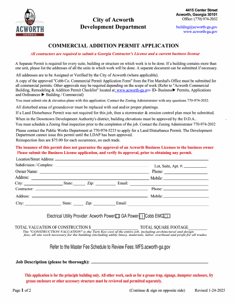 First page of the Commercial Addition Permit Application
