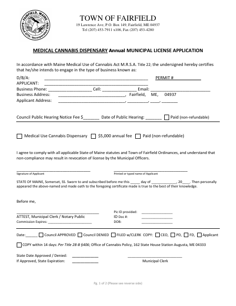 First page of the Medical Cannabis Dispensary Municipal License Application