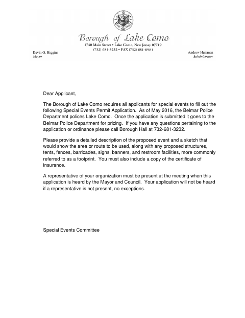 First page of the Special Events Permit Application