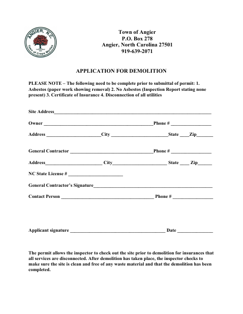 First page of the Demolition Application