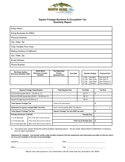 First page of the Square Footage Business & Occupation Tax Quarterly Report
