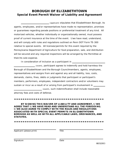 First page of the Special Event Permit Waiver of Liability and Agreement